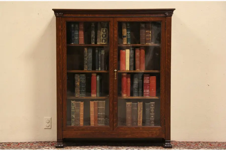 Photo of Oak 1900 Antique Bookcase, Original Wavy Glass Doors