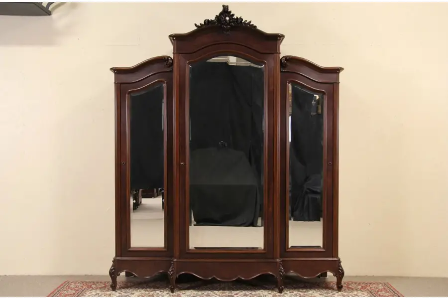 Photo of French Triple Armoire, 1910 Antique Beveled Mirror Doors