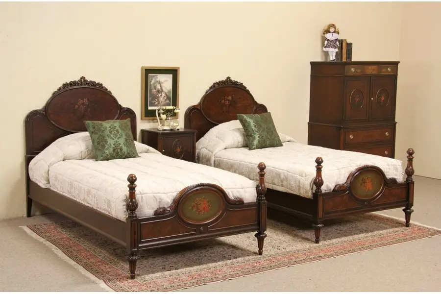 Photo of Berkey & Gay 1920 Bedroom Set, Twin Beds, Nightstand & Armoire, Hand Painted