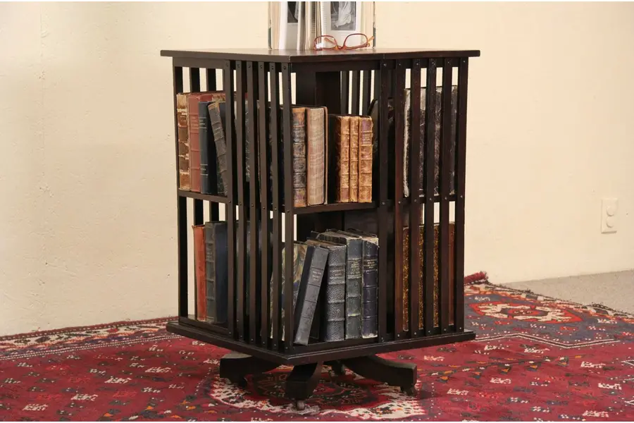 Photo of Oak Dutch Spinning Library Bookcase, 1900 Antique Revolving Bookshelf