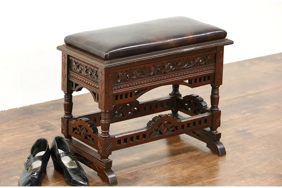 Photo of Victorian Eastlake 1880 Antique Bench, Slipper Compartment, Leather Upholstery