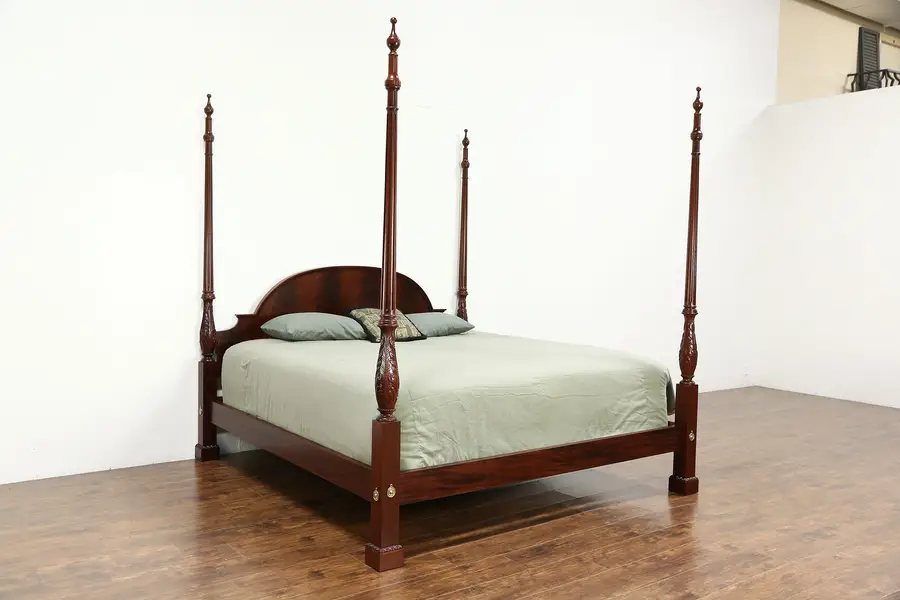 Photo of Baker Signed King Size Carved Mahogany Poster Bed, Flame Grain Panels