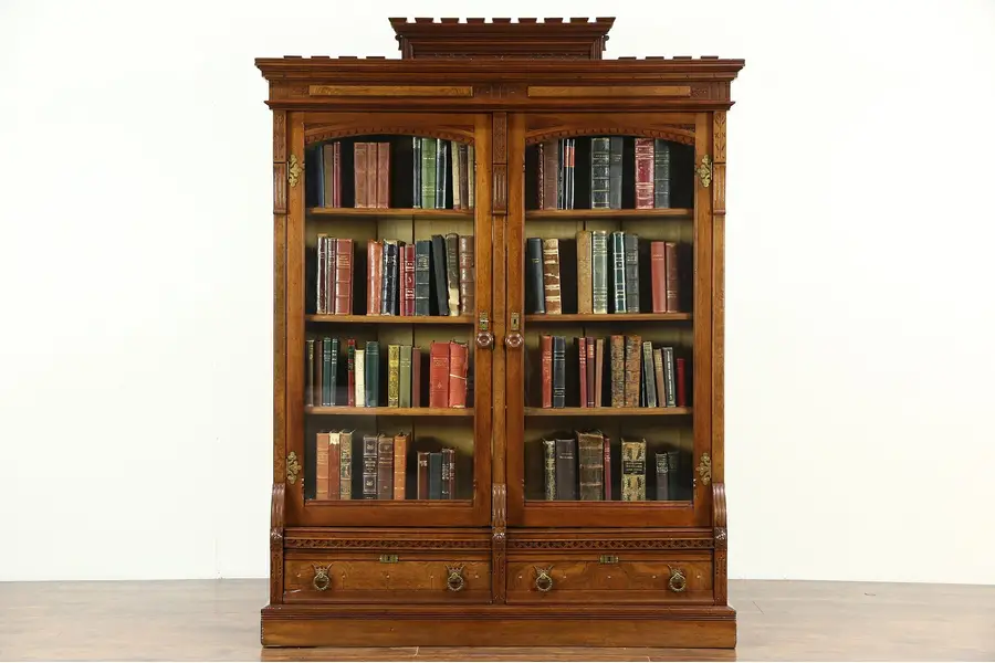 Photo of Victorian Eastlake 1870's Antique Library Carved Walnut Bookcase