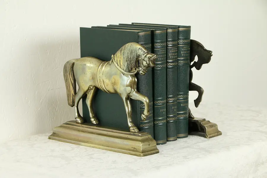 Photo of Pair of Brass Antique Horse Bookends or Door Stops