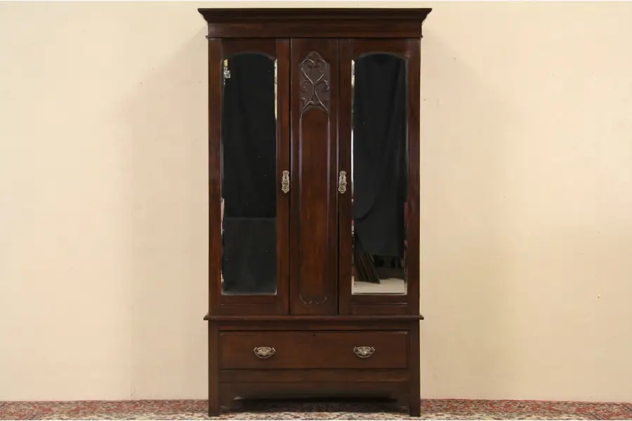 Photo of English 1900 Antique Armoire, Wardrobe or Closet, Beveled Mirrors