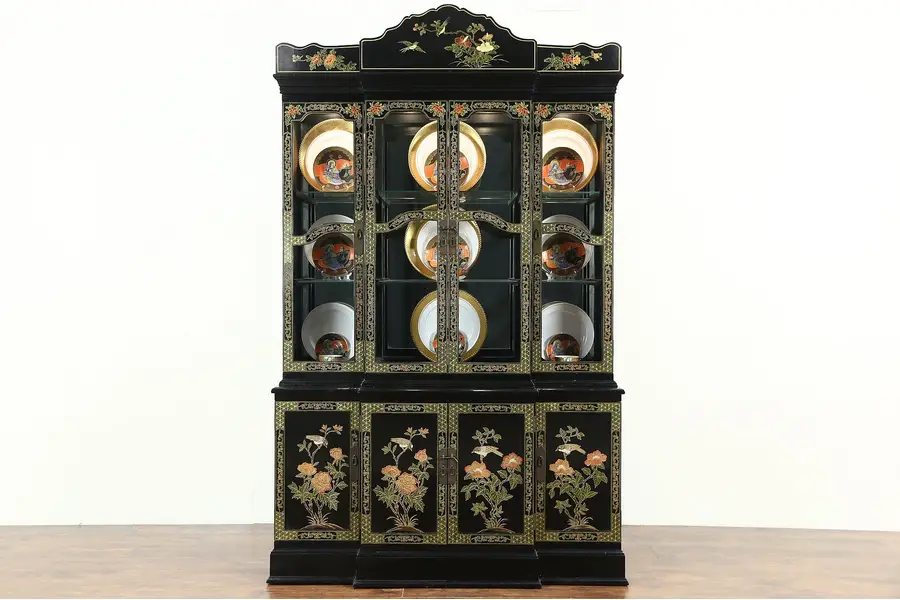 Photo of Chinese Hand Painted Lacquer Vintage Breakfront China Display Cabinet