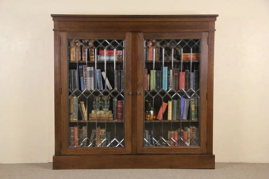 Photo of Oak 1900 Antique Library Bookcase, Leaded Beveled Glass Doors, 2 of 2