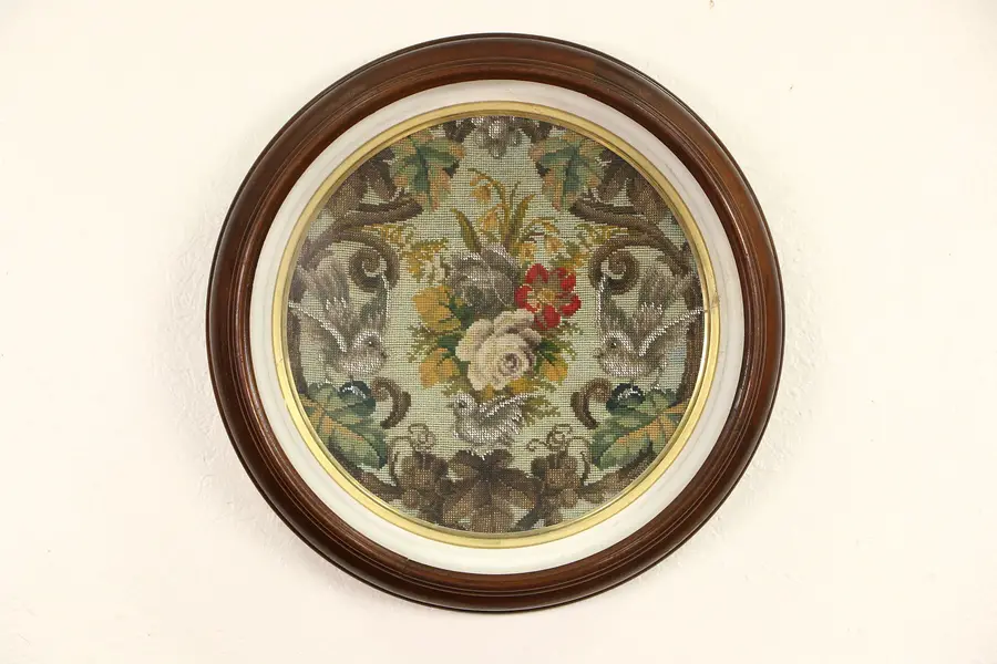 Photo of Victorian 1850's Round Walnut Shadow Box Picture Frame, Needlepoint Glass Beads