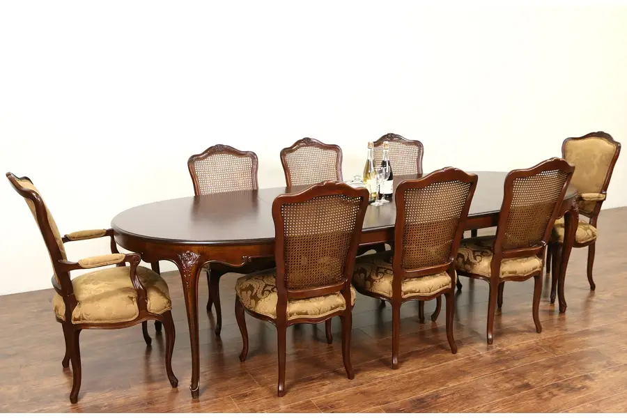 Photo of Baker Cherry Country French Dining Set, Table, 2 Leaves, 8 Chairs New Upholstery