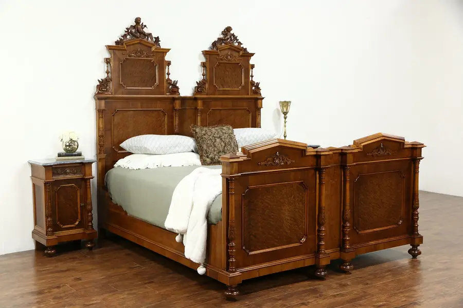 Photo of Italian 1900 Antique Bedroom Set, King Size Bed, 2 Nightstands, Carved Angels