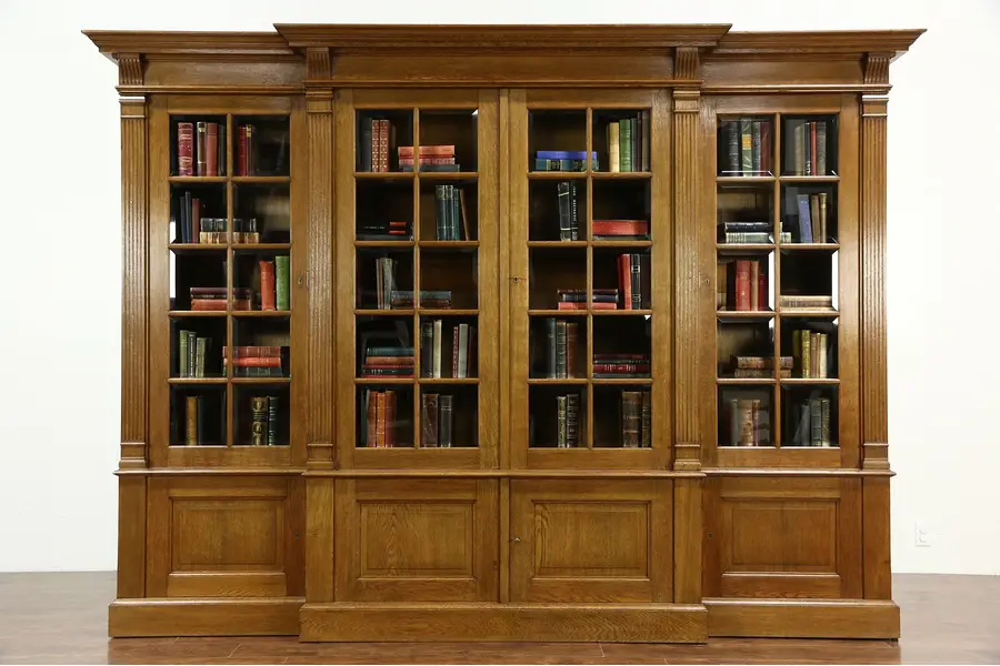 Photo of French Oak 1920's Antique 10' Library Bookcase, Beveled Glass Doors