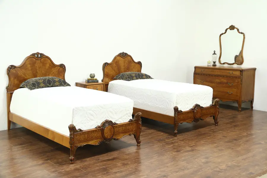 Photo of Satinwood 1925 Bedroom Set, Twin Beds and Nightstand, Rockford