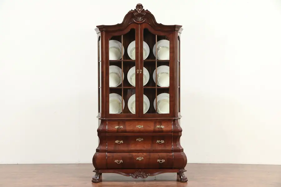 Photo of Dutch Baroque Vintage Bombe Mohogany China or Curio Display Cabinet