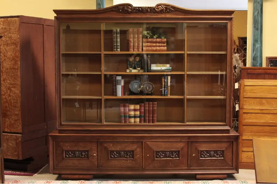 Photo of Art Deco Carved Oak 1930's Bookcase or Cabinet