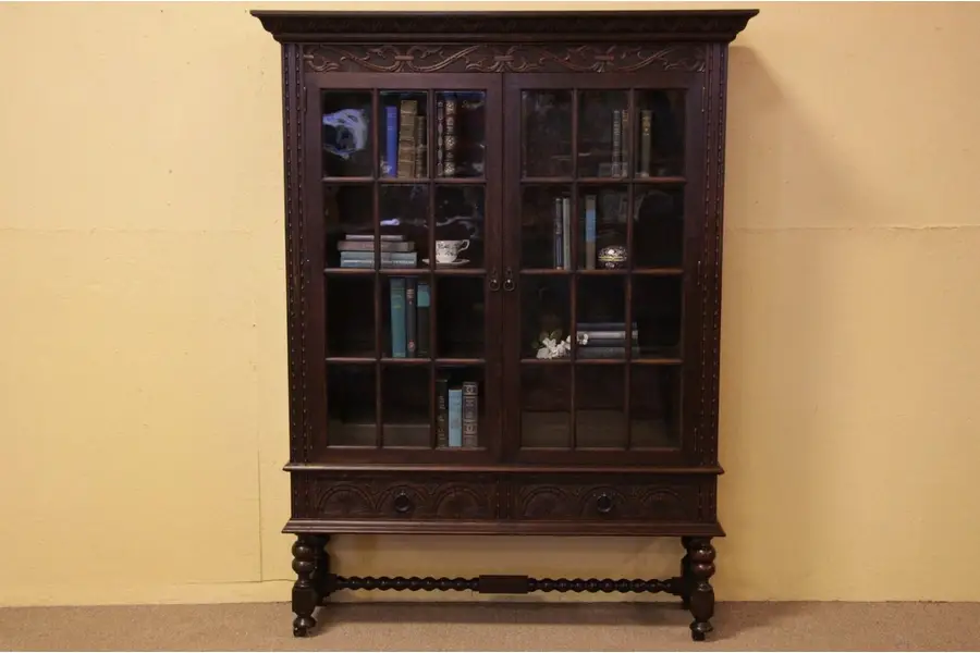 Photo of Carved Oak Antique Bookcase with Wavy Glass