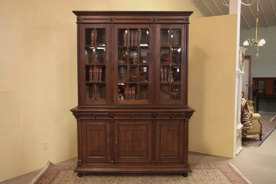 Photo of Oak Bookcase, Beveled Glass & Carved Heads, 1900