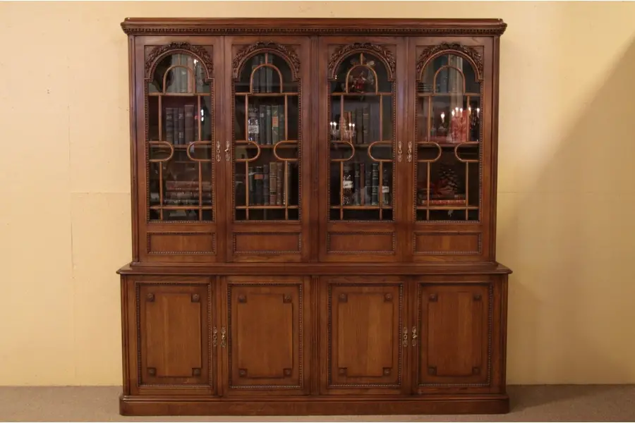 Photo of Carved Oak Bookcase, 4 Glass Doors