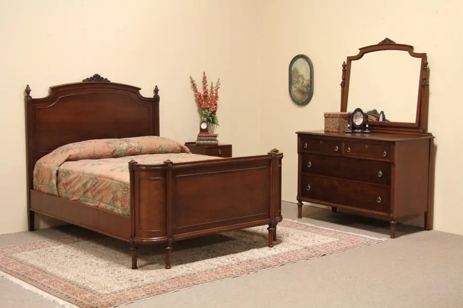 Photo of Walnut Antique Full Bed & Dresser Bedroom Set