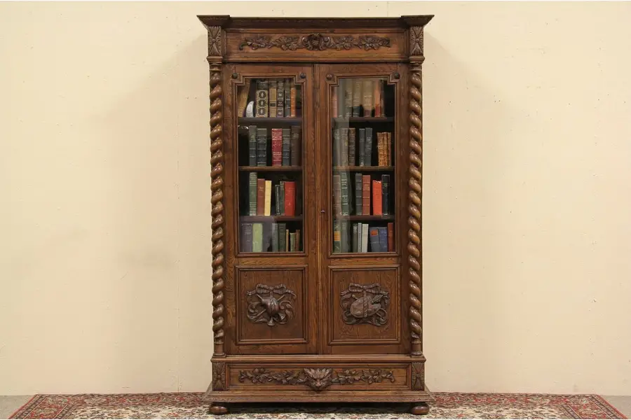 Photo of Carved 1870 Oak Bookcase, Spiral Columns