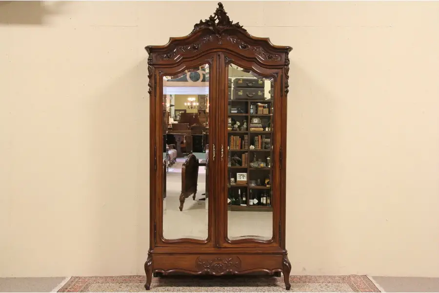Photo of Country French 1900 Carved Armoire, Beveled Mirrors