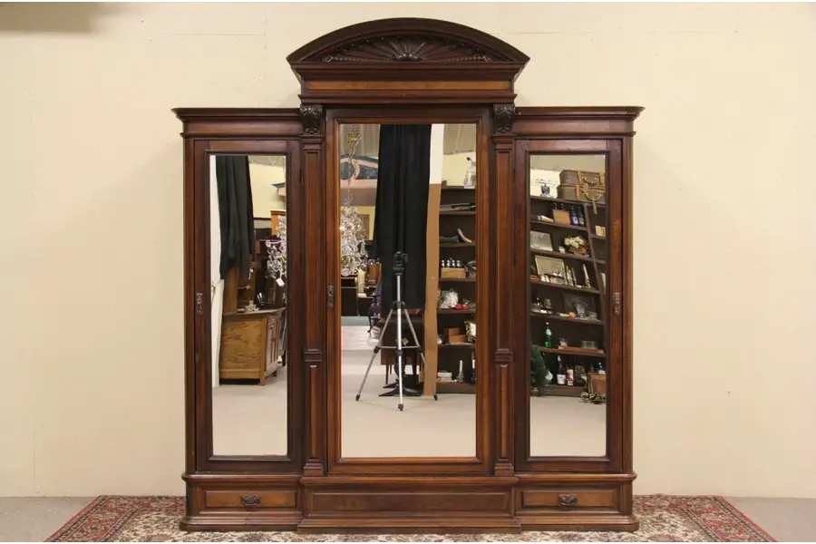 Photo of Combination 1890 Antique Triple Dressing Mirror & Armoire or Wardrobe
