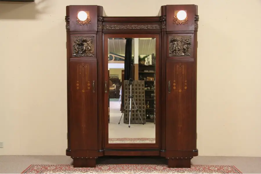 Photo of Italian 1915 Armoire with Mirror Door, Lights & Bronze Cherubs