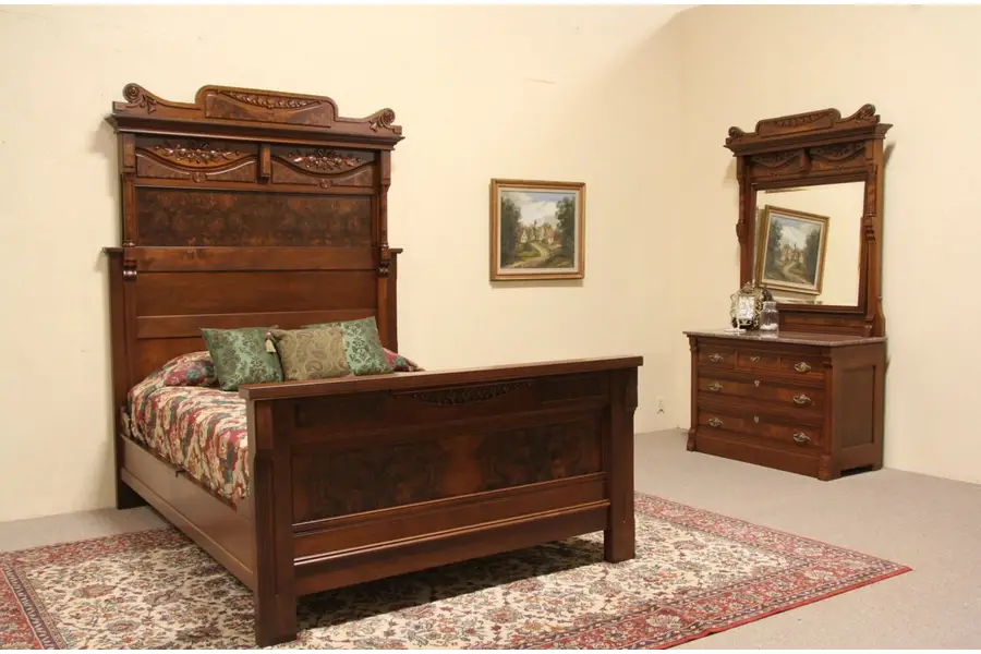 Photo of Victorian Eastlake Queen Size 2 pc. 1885 Antique Bedroom Set, Marble Top