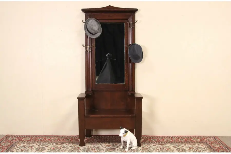 Photo of Arts & Crafts Oak 1900 Antique Hall Stand, Bench & Mirror