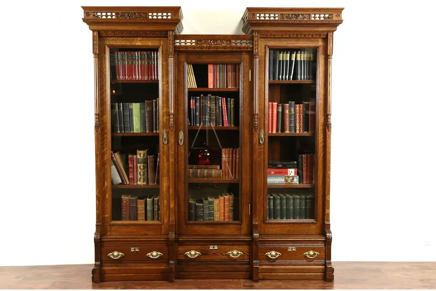 Photo of Victorian Eastlake 1880's Antique Carved Oak Triple Library Bookcase