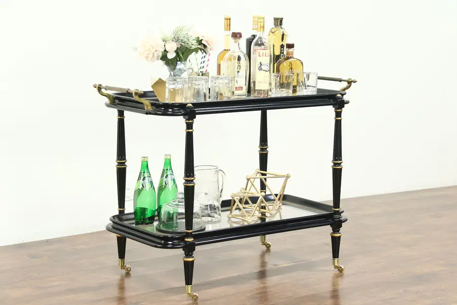 Photo of Black & Gold Vintage Bar Cart, Tea or Dessert Trolley, Brass Mounts