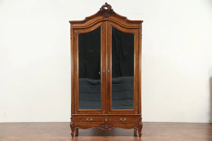 Photo of French Antique Mahogany Armoire, Beveled Mirror Doors, Closet Pole