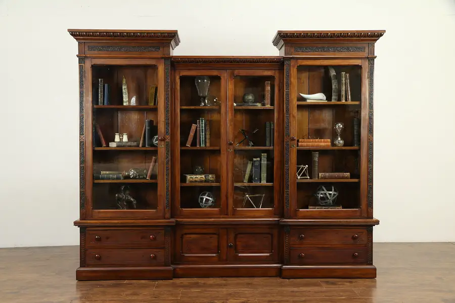Photo of Victorian Eastlake 98" Antique 1870 Triple Bookcase, Wavy Glass Doors