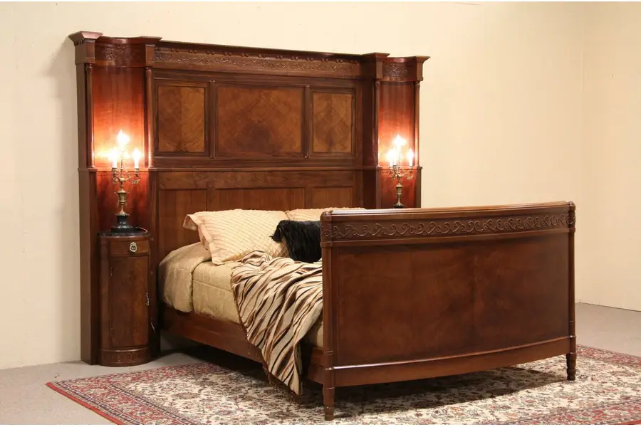 Photo of Italian Carved Queen Size Bed, Attached Marble Top Nightstands
