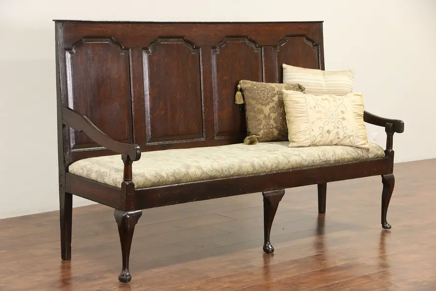 Photo of Georgian 1770's Antique Oak Bench or Hall Settee, New Upholstery