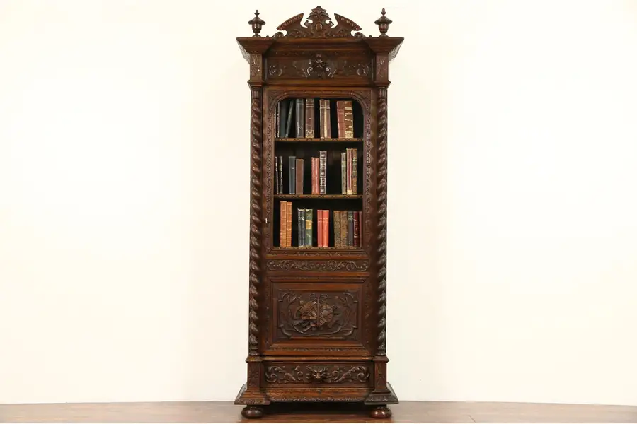 Photo of Black Forest 1870 Antique Oak Bookcase, Carved Spiral Columns & Gargoyles