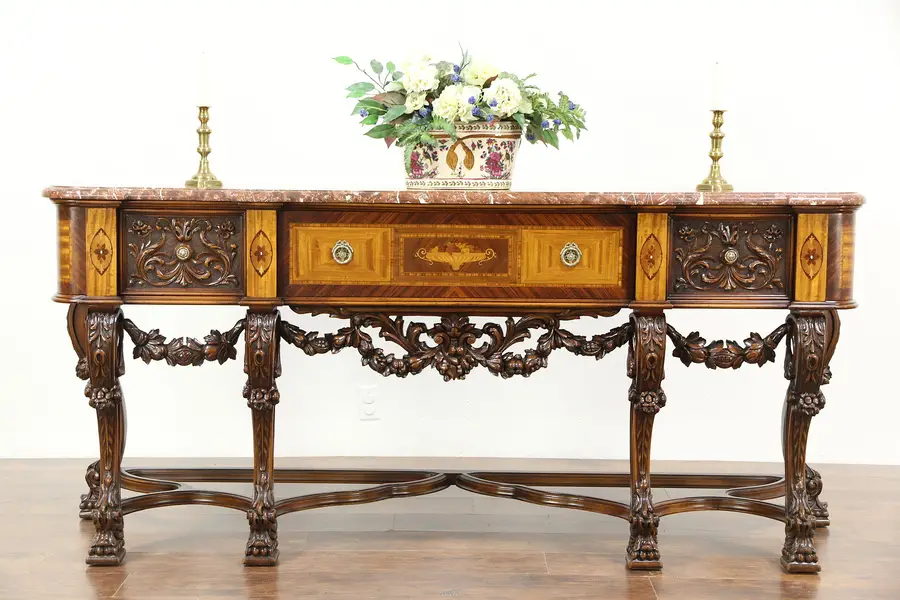 Photo of Renaissance Carved Antique Marble Top Marquetry Sideboard or Hall Console Table