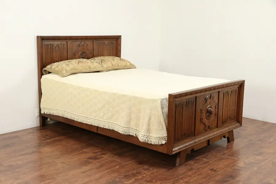 Photo of Oak Vintage Scandinavian Queen Size Bed, Carved Heads and Panels