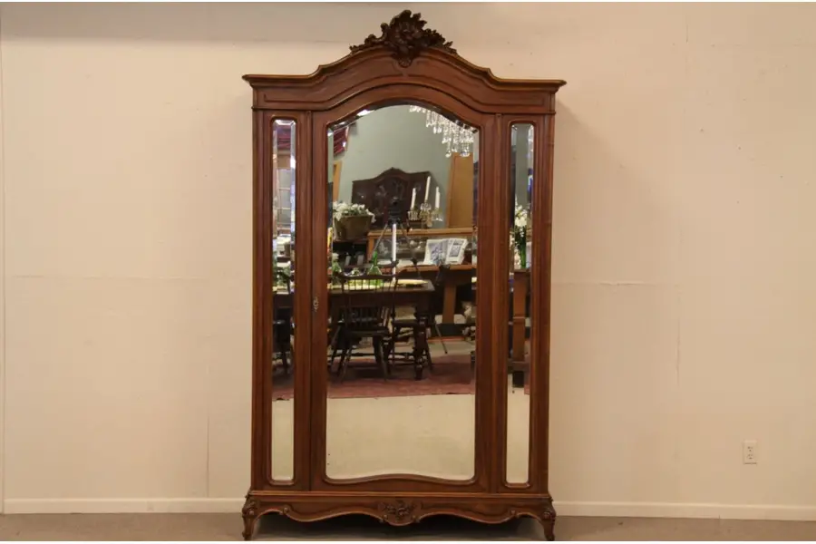 Photo of French Carved Armoire or Wardrobe, Beveled Mirrors