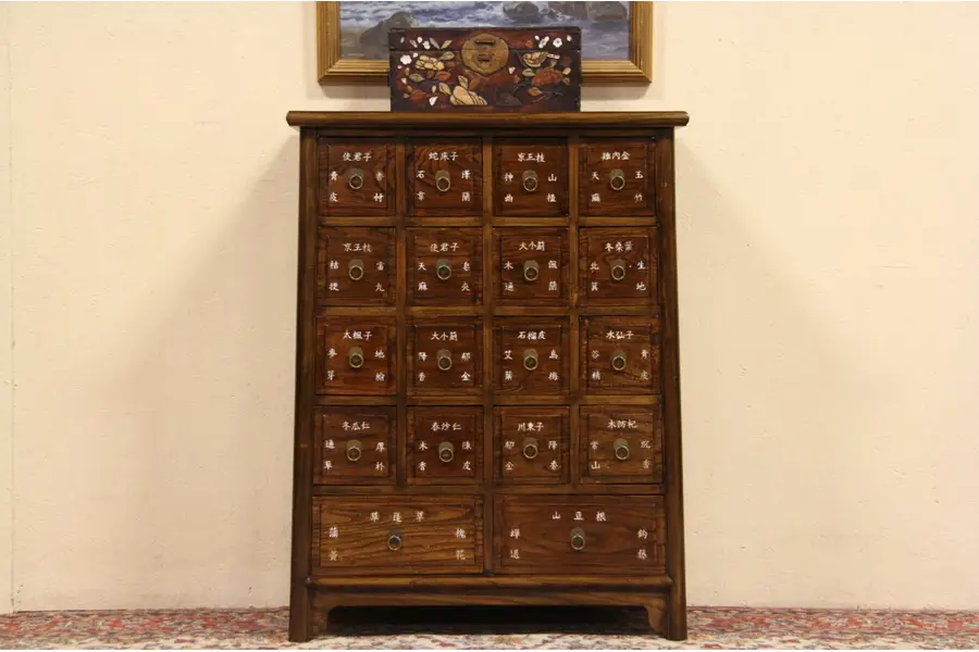 Photo of Chinese 18 Drawer Antique Apothecary Medical Drug Cabinet
