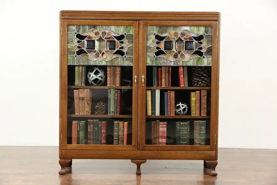 Photo of Oak 1900 Antique Bookcase, Leaded Stained Glass Doors