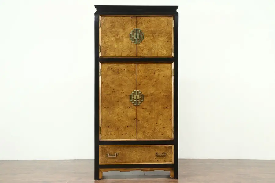 Photo of Asian Style Vintage Armoire or Wardrobe, Signed Century, Ebony & Burl