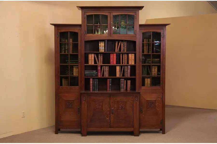 Photo of Arts & Crafts Oak Bookcase or Cabinet, Wavy Glass