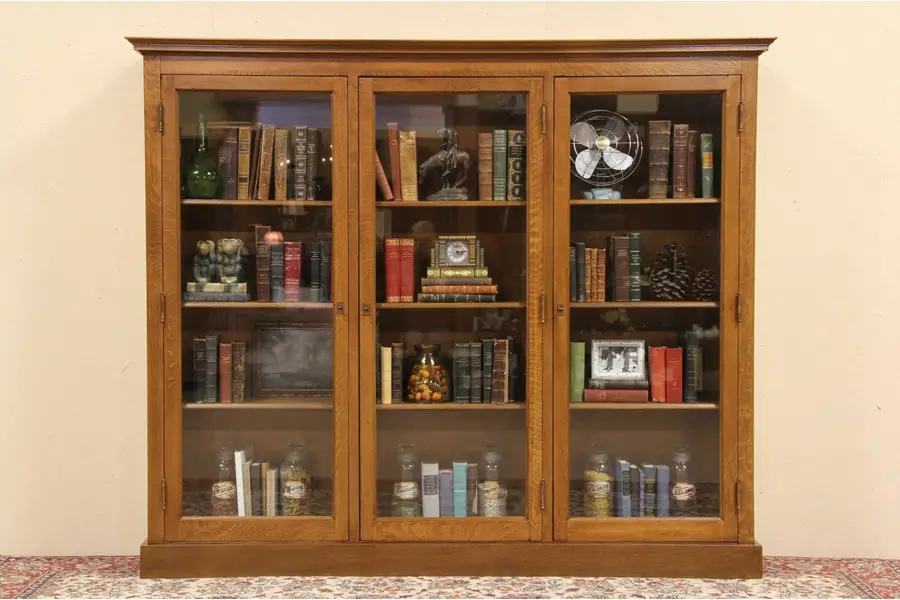 Photo of Triple 1900 Antique Oak Library Bookcase, Glass Doors