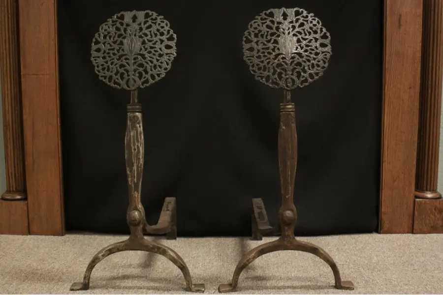 Photo of Pair Antique Hand Wrought Iron & Bronze Fireplace Andirons