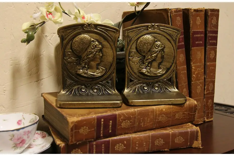 Photo of Pair of Antique Gold Plated Iron Classical Roman Bookends