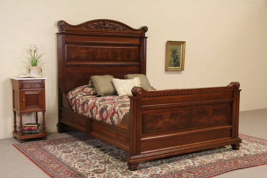 Photo of Victorian 1880 Antique Queen Size Carved Walnut Bed