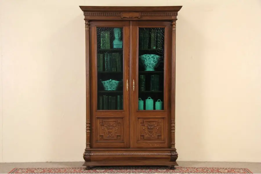 Photo of Carved Oak 1880 Antique Northern Europe Bookcase, Stained Glass Doors