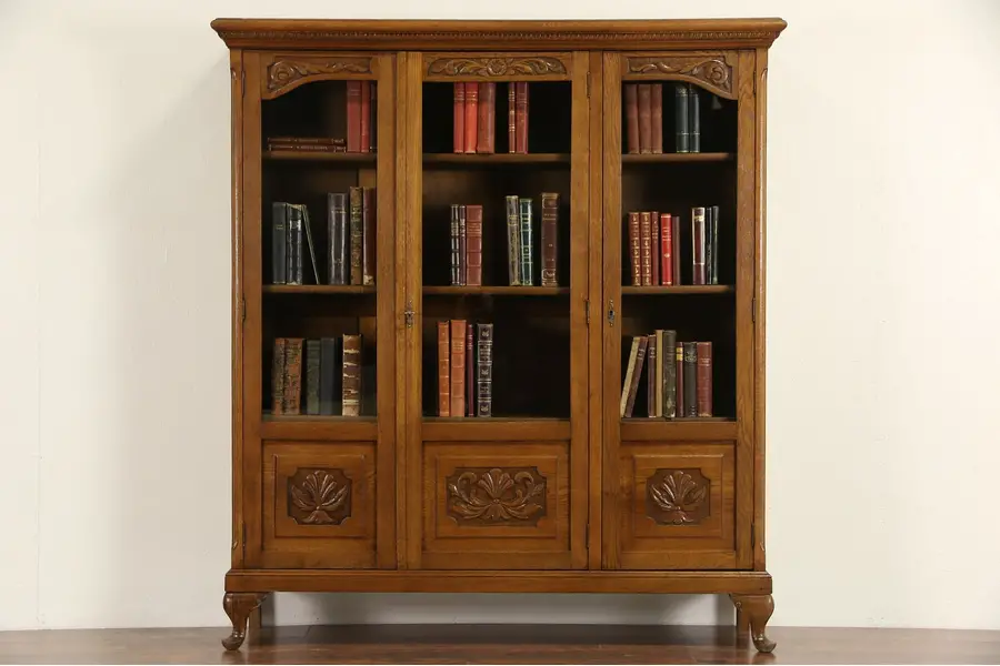 Photo of Carved Oak 1915 Antique Scandinavian 3 Door Bookcase, Adjustable Shelves