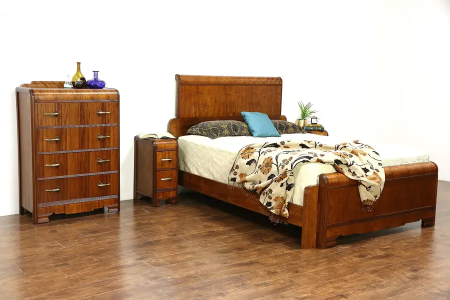 Photo of Art Deco Waterfall 1930's Vintage 4 Pc. Bedroom Set, Queen Size Bed