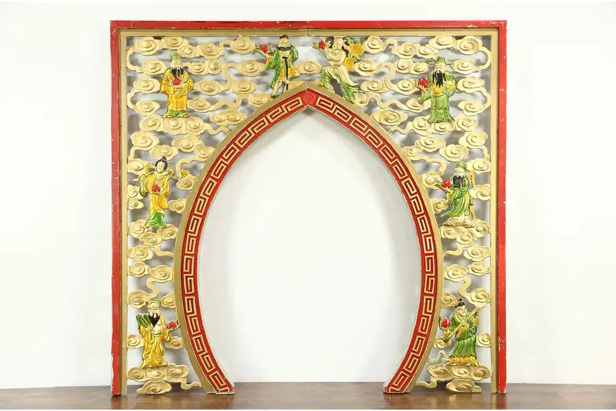 Photo of Chinese Architectural Salvage Vintage Archway, Carved Pomegranate Motif 83" Tall